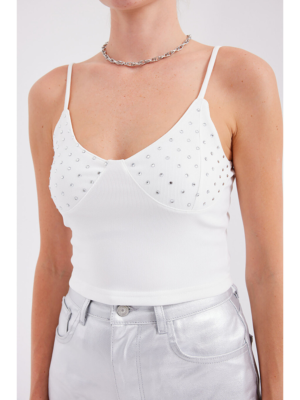 918 İp Askılı Crop Top - Beyaz-4