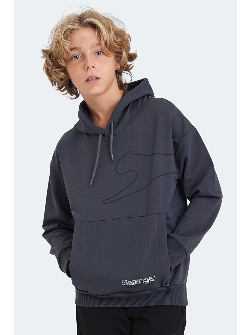 LINK Unisex Çocuk Kapüşonlu Cepli Koyu Gri Sweatshirt-3