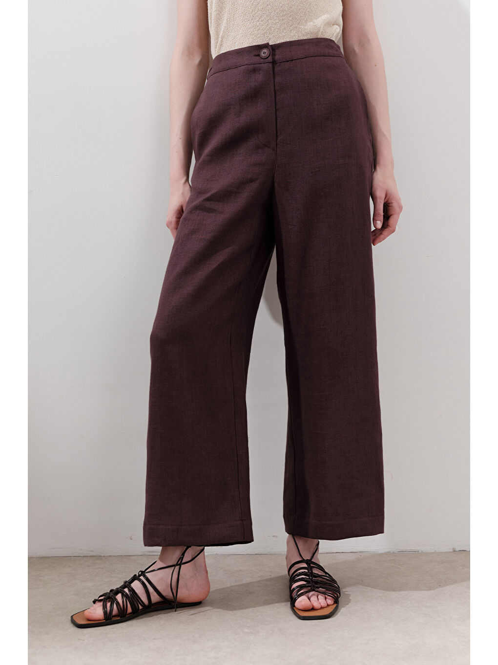 Keten Geniş Paça Pantolon Mürdüm-2