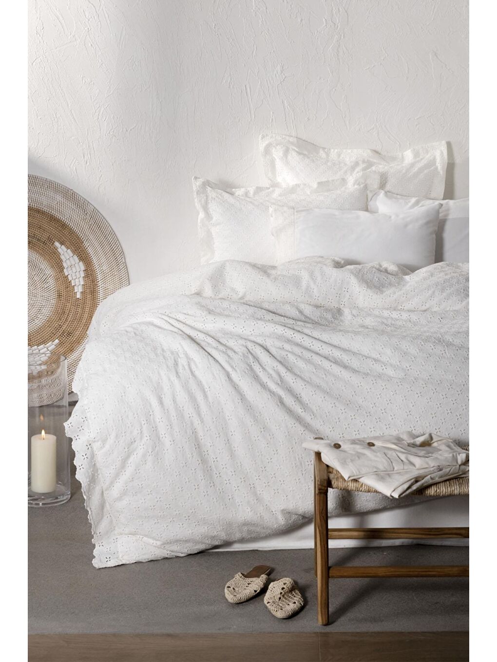 Ekru Ella Çift Kişilik Nevresim Takımı %100 Organik Pamuk Keten Brodeli Krem 200x220 Cm