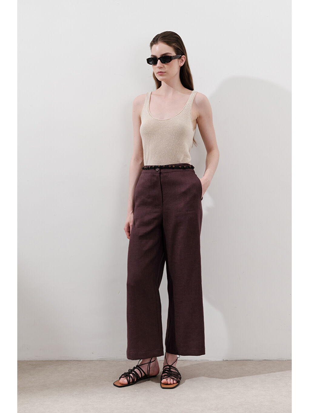 Keten Geniş Paça Pantolon Mürdüm-4