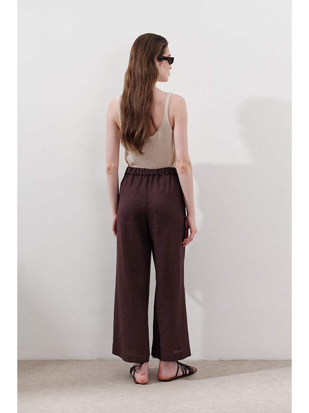 Keten Geniş Paça Pantolon Mürdüm-5