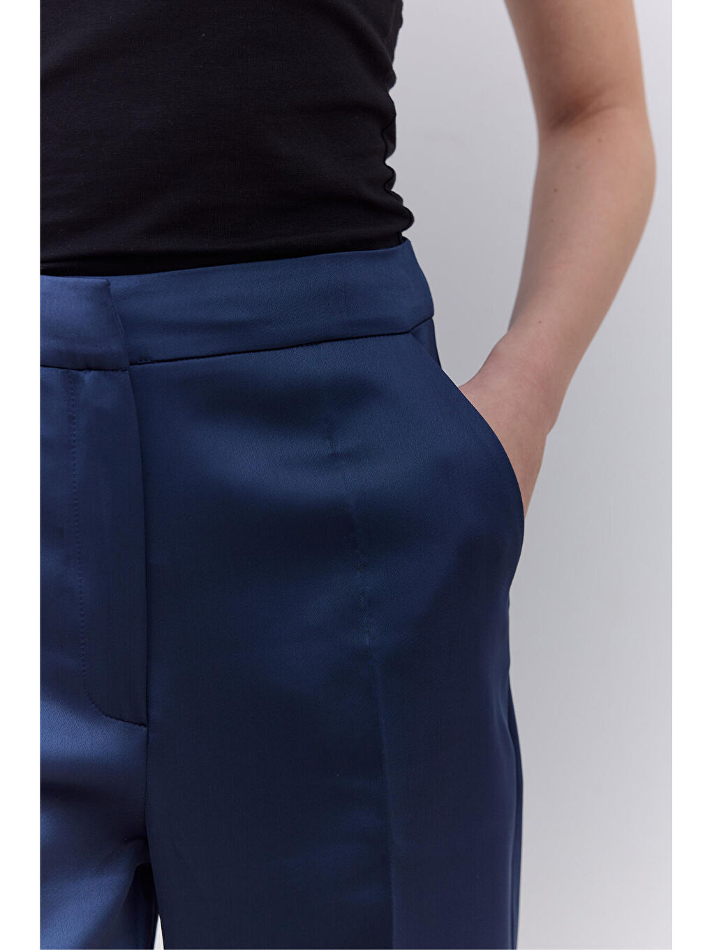 Saten Düz Paça Pantolon Lacivert-4