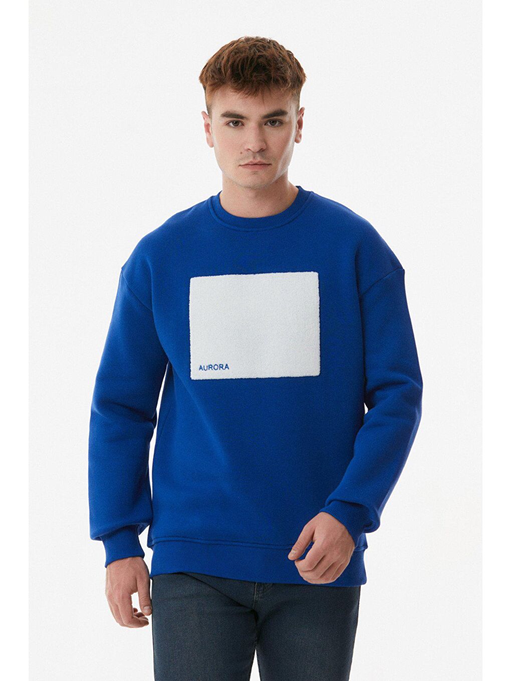 Mavi Nakışlı Bisiklet Yaka Sweatshirt