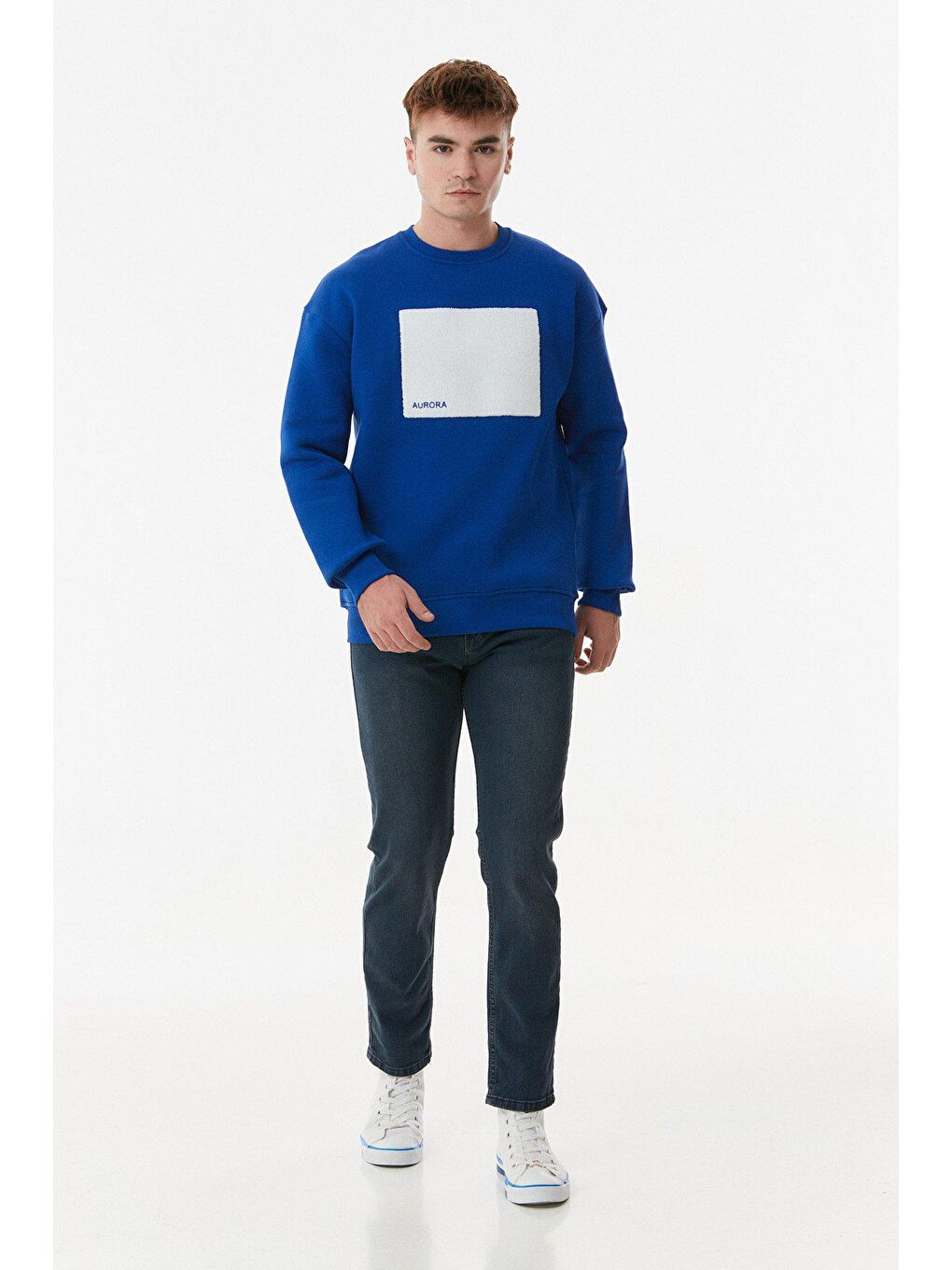 Mavi Nakışlı Bisiklet Yaka Sweatshirt-1