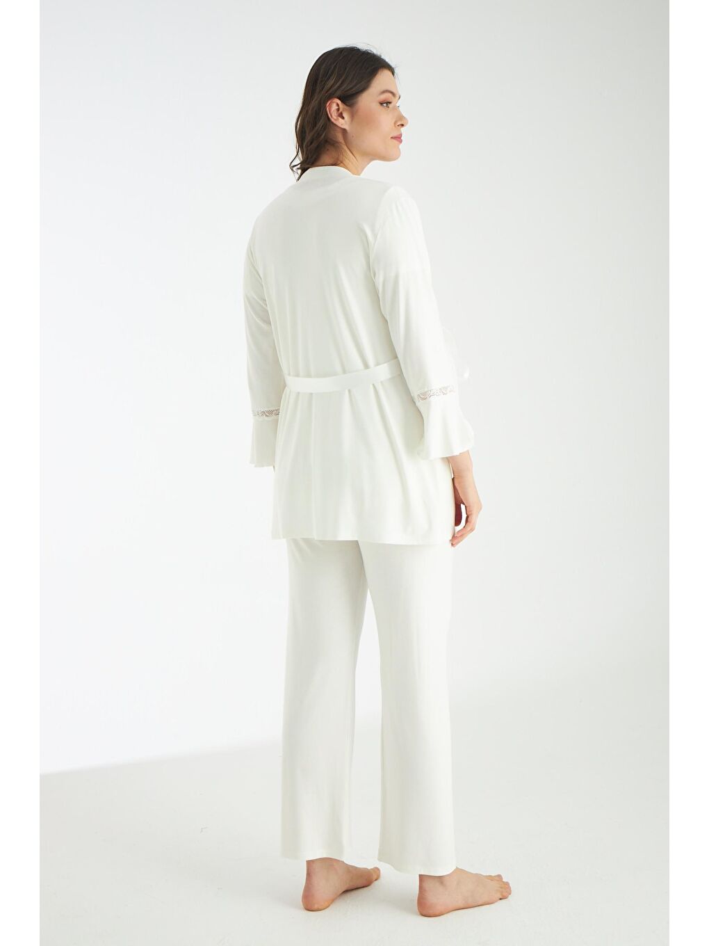 Beyaz  Dantel Detaylı 3lü Sabahlıklı Hamile Ve Lohusa Pijama Takımı-1