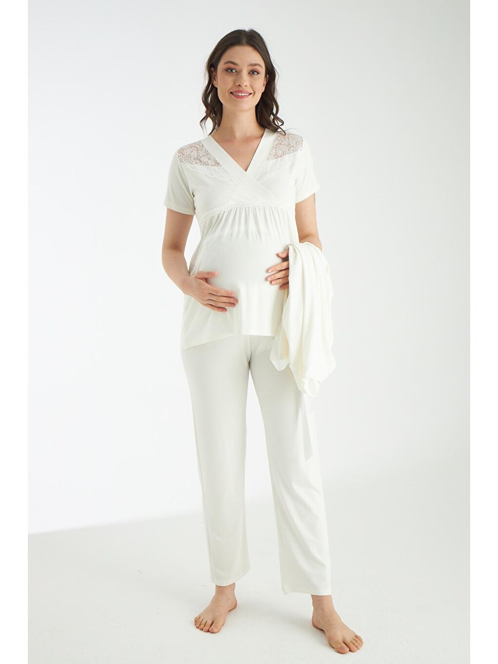 Beyaz  Dantel Detaylı 3lü Sabahlıklı Hamile Ve Lohusa Pijama Takımı-2