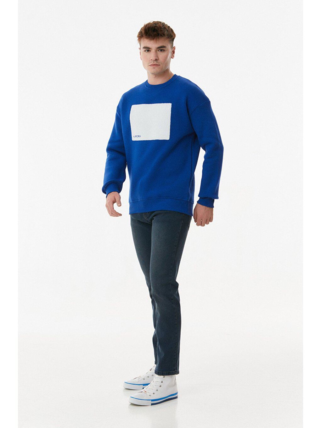 Mavi Nakışlı Bisiklet Yaka Sweatshirt-2