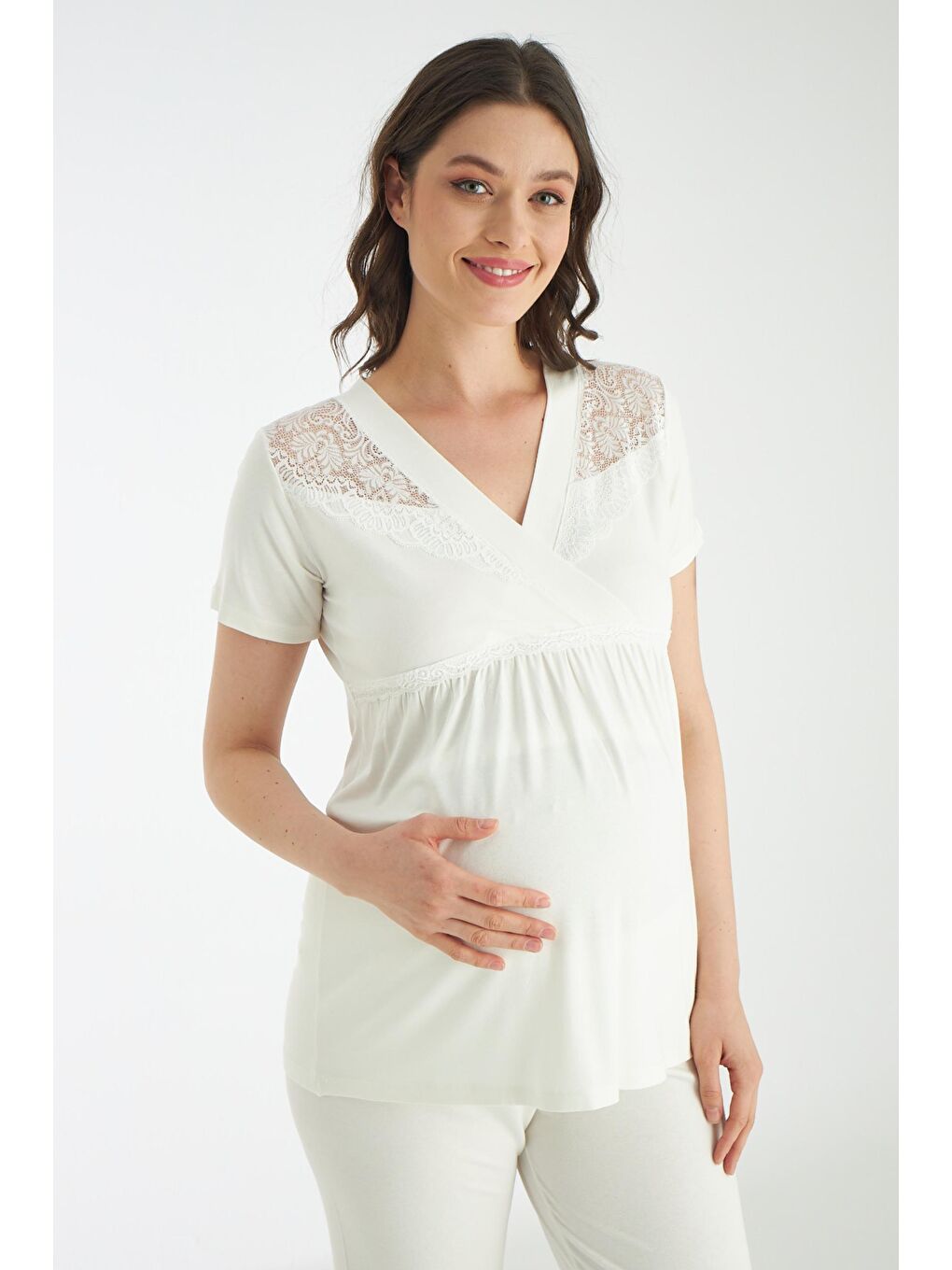 Beyaz  Dantel Detaylı 3lü Sabahlıklı Hamile Ve Lohusa Pijama Takımı-5