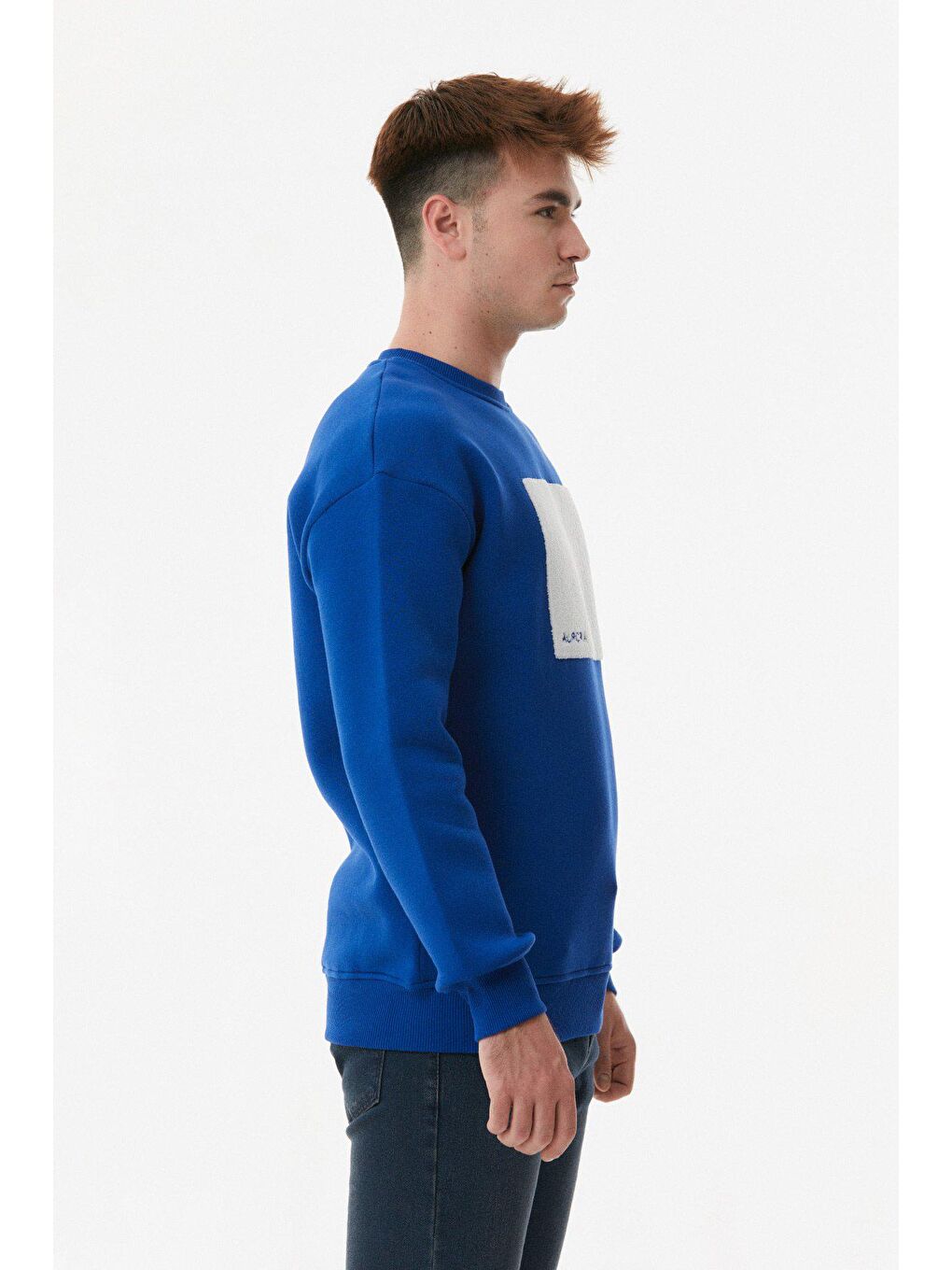 Mavi Nakışlı Bisiklet Yaka Sweatshirt-3