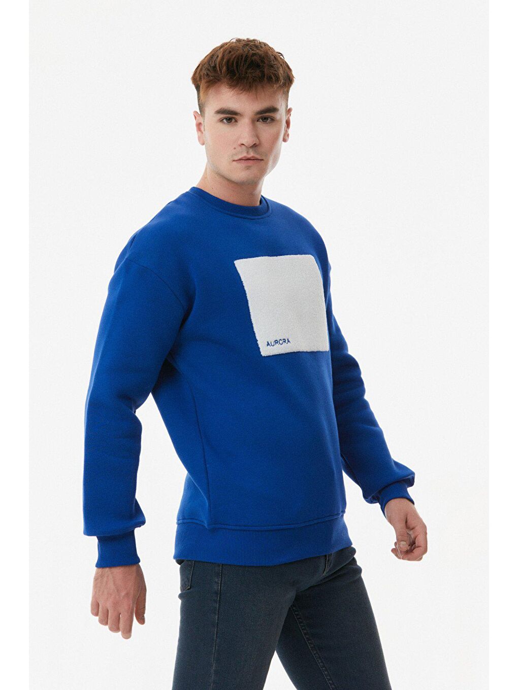 Mavi Nakışlı Bisiklet Yaka Sweatshirt-4