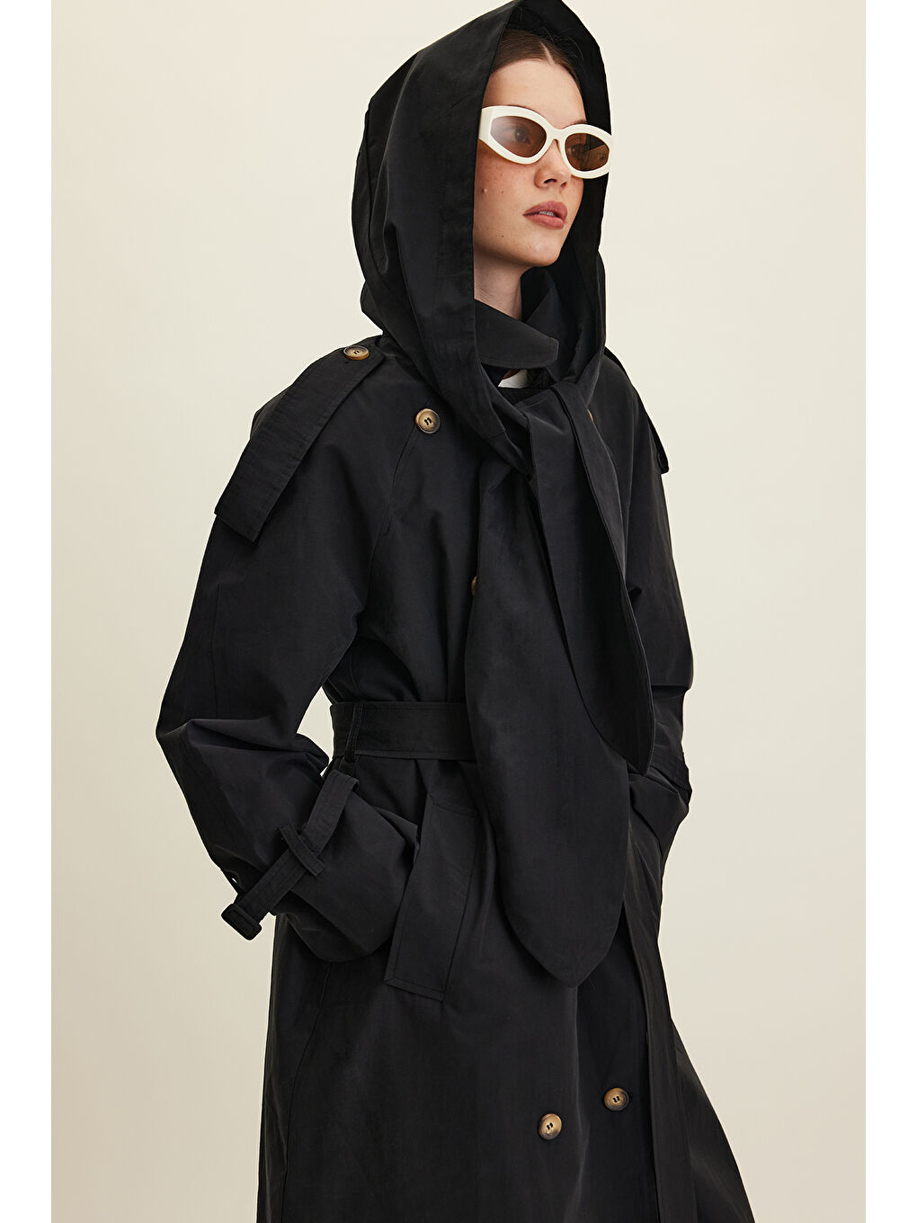 Tokyo Kapüşonlu Trençkot Siyah-2