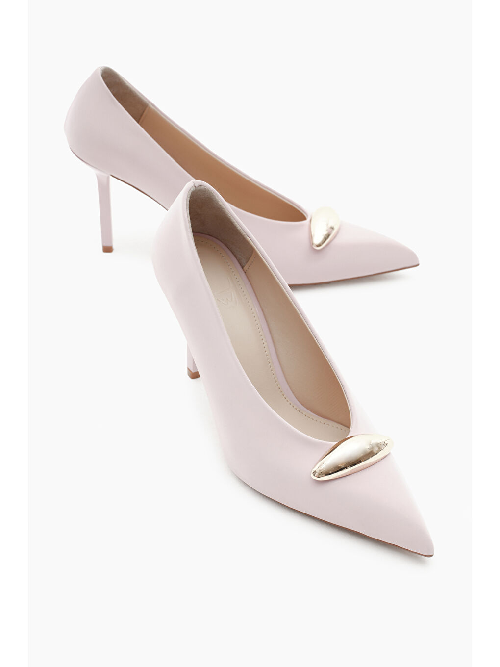 Pembe Kadın Pudra Neolit Taban Önü Toka Detaylı Sivri Burunlu Yüksek Topuklu Ayakkabı