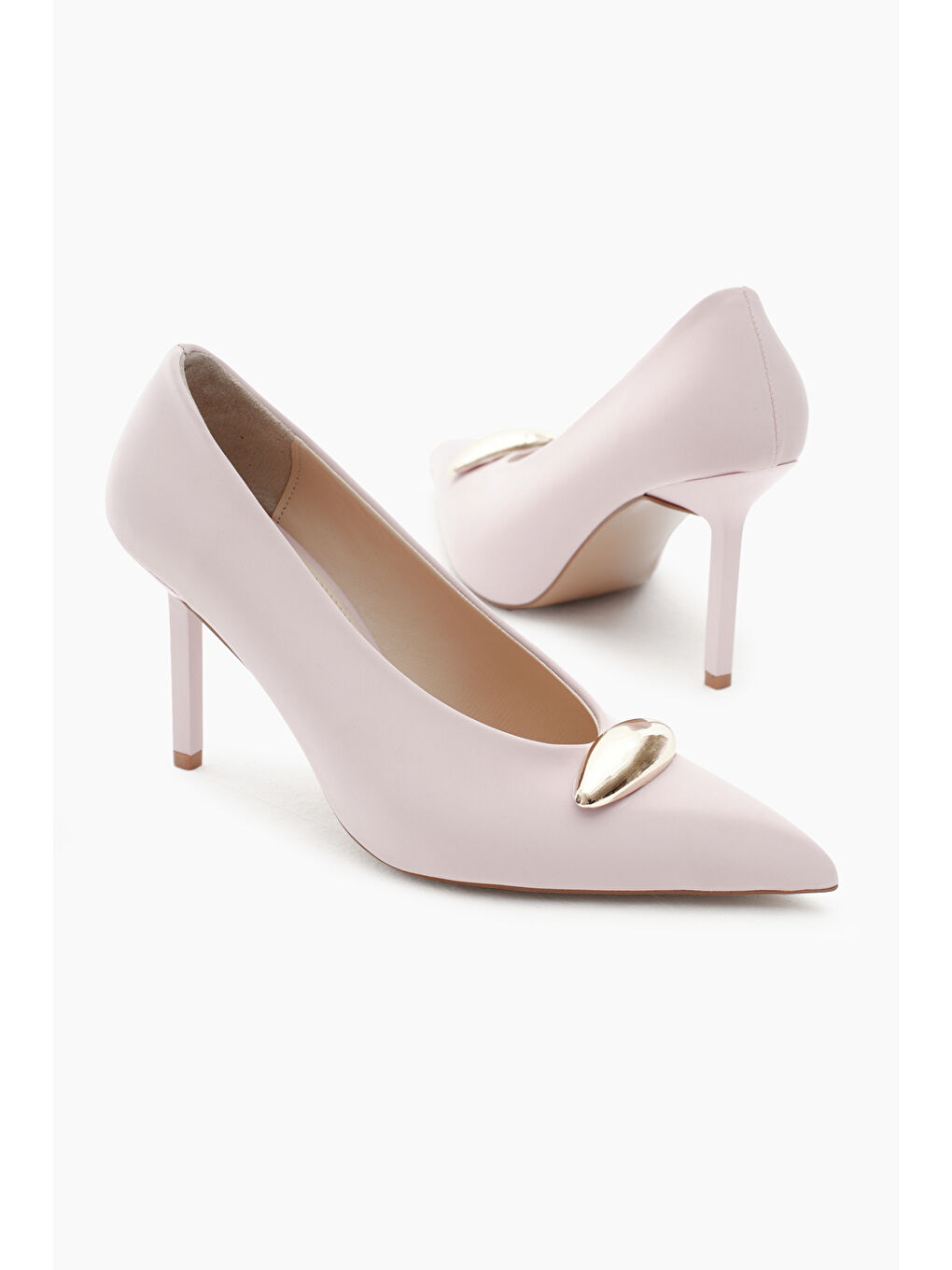 Pembe Kadın Pudra Neolit Taban Önü Toka Detaylı Sivri Burunlu Yüksek Topuklu Ayakkabı-1