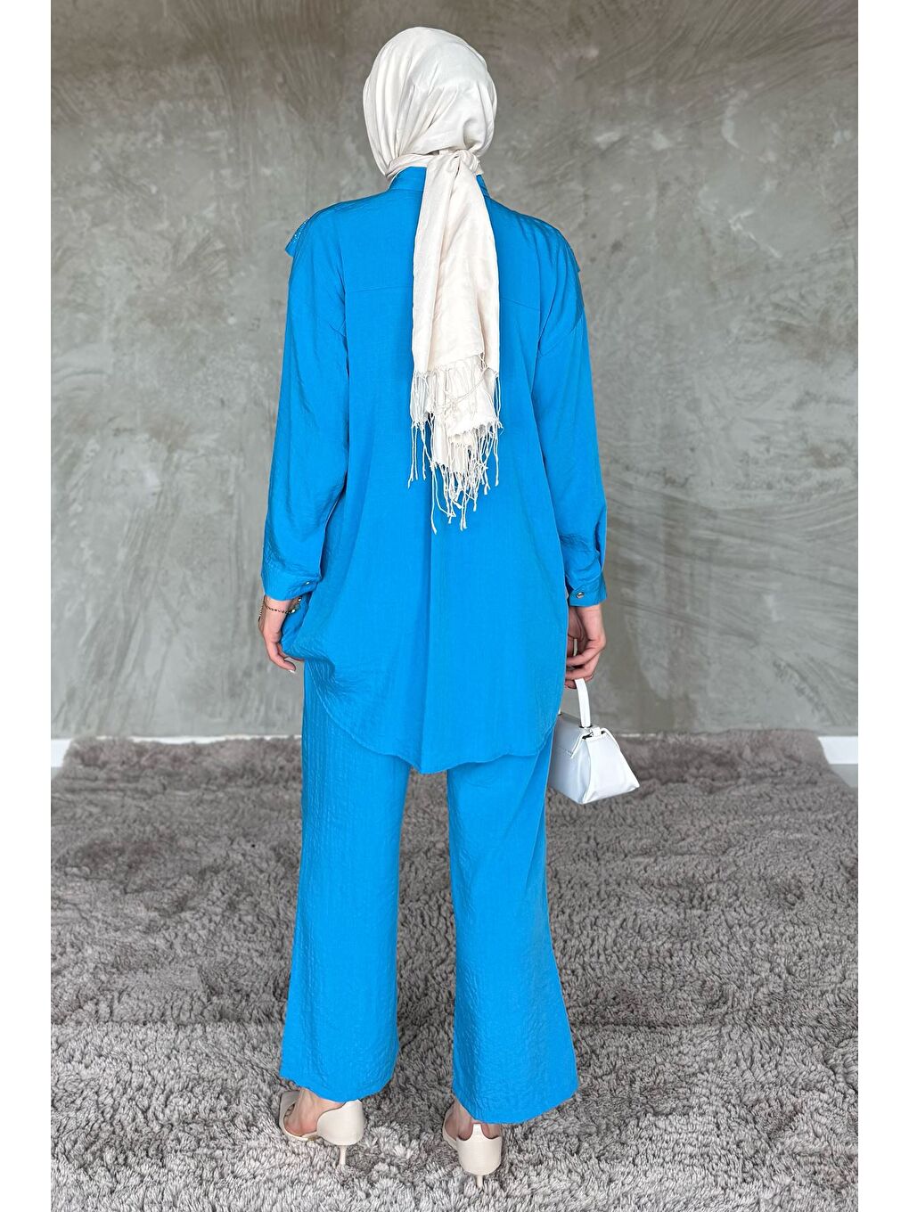 Mavi Önü Katlamalı Taşlı Tesettür Tunik Pantolon İkili Takım-7