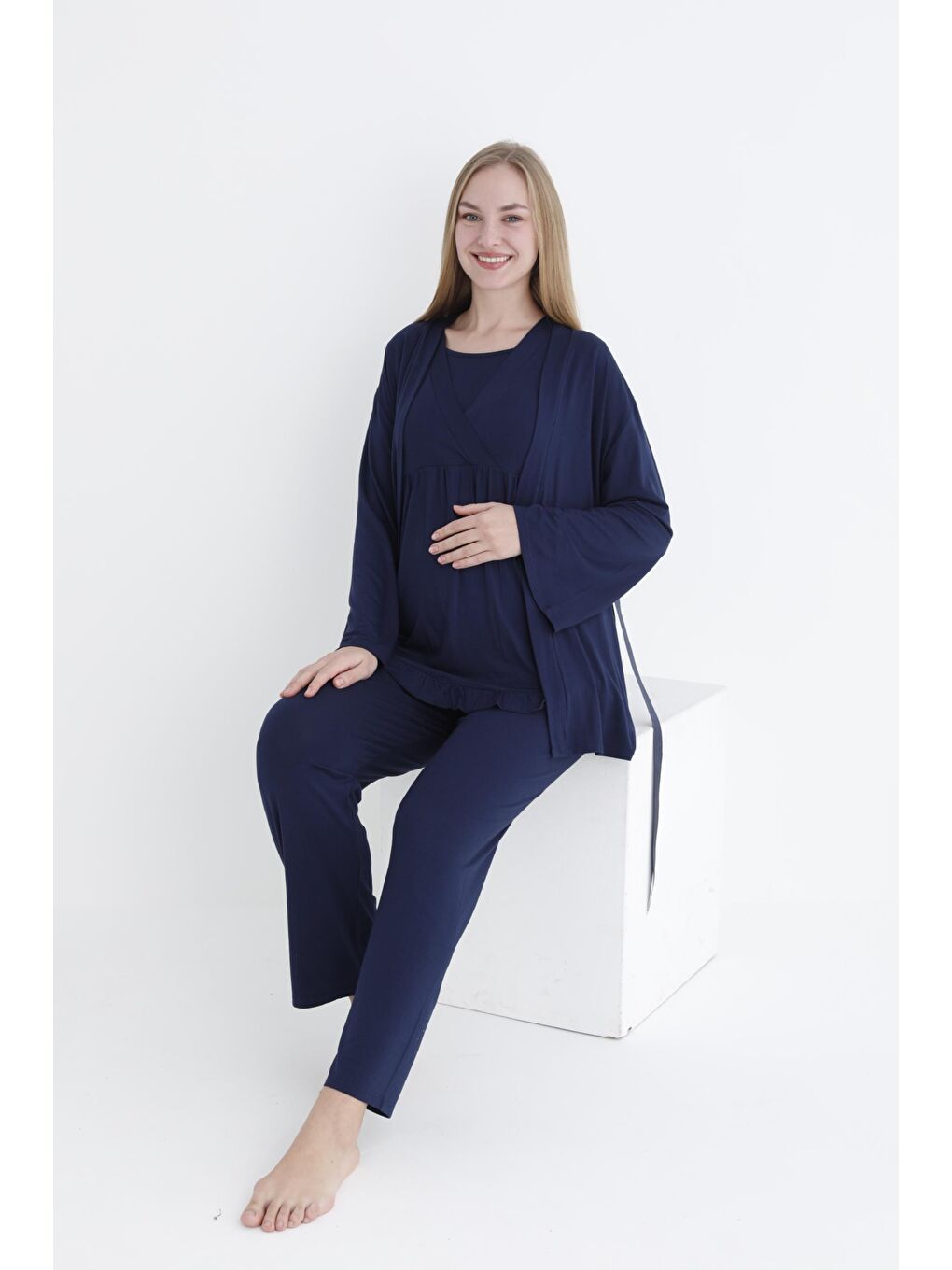 Lacivert Sabahlıklı Fırfır Detaylı Kısa Kol Emzirmeye Uygun Hamile ve Lohusa Pijama Takımı-1