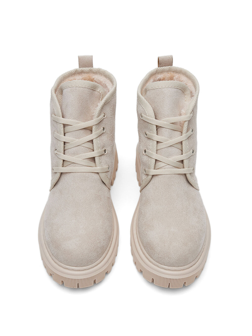Kadın Bej Süet Rahat Kalıp Kalın Taban İçi Kürklü Bağcıklı Bot-3