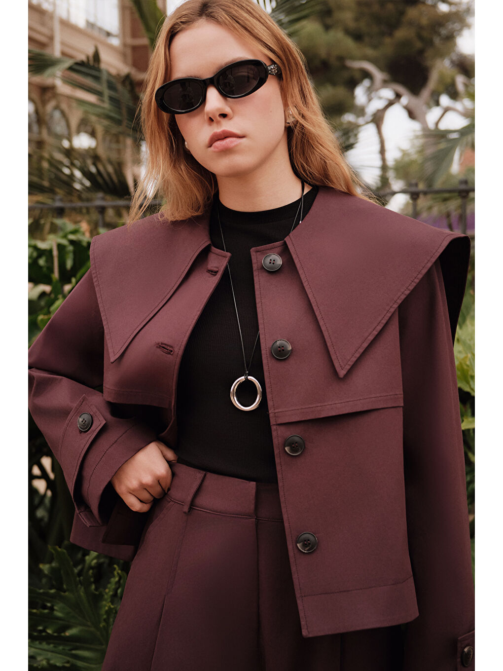 Geniş Yaka Gabardin Ceket Mürdüm-2