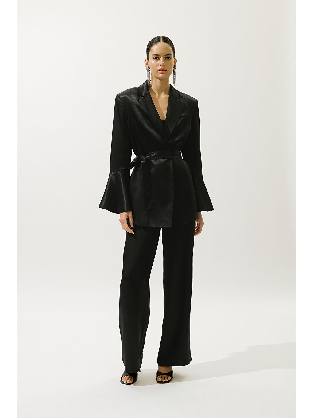 Saten Kemerli Abiye Ceket Siyah-1