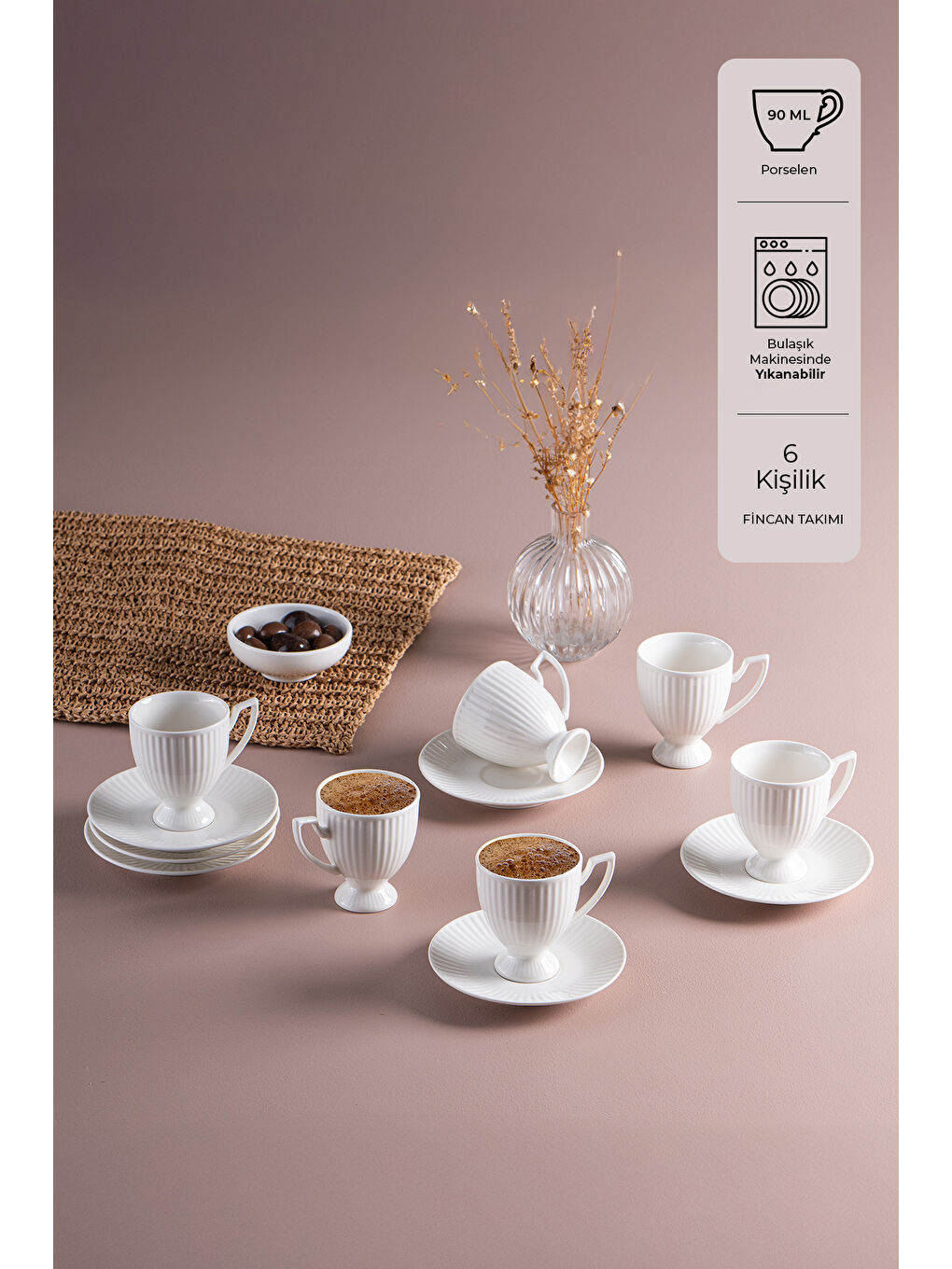 Beyaz Mahir 6 Kişilik Kahve Fincan Takımı 90 ml