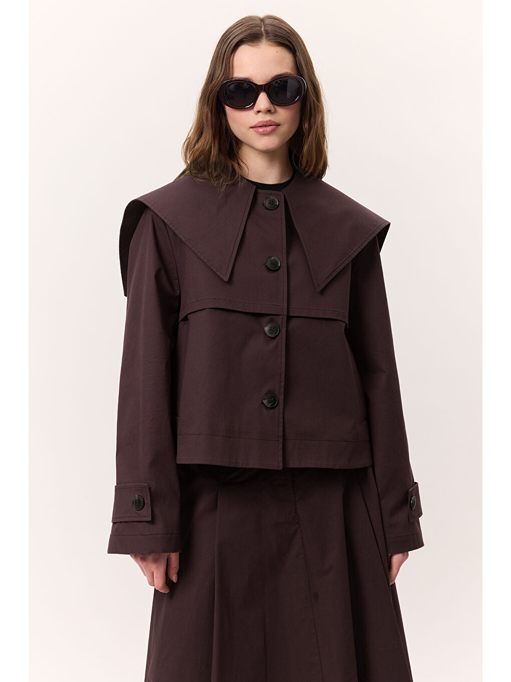 Geniş Yaka Gabardin Ceket Mürdüm-5