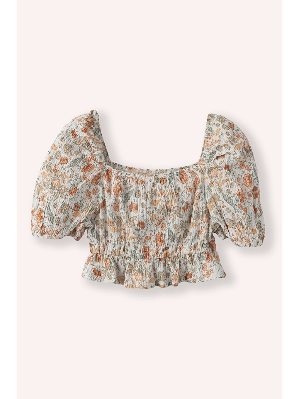 Kız Çocuk Kare Yakalı Kol Ucu Lastikli Desenli Ekru Bluz-1