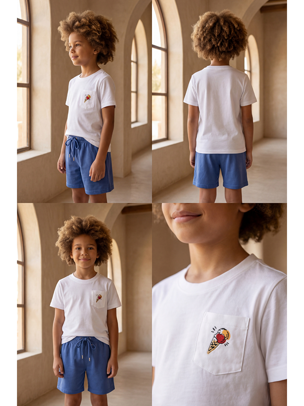 Ekru Erkek Çocuk Floral Dondurma Desenli Şortlu Pijama Takımı-1