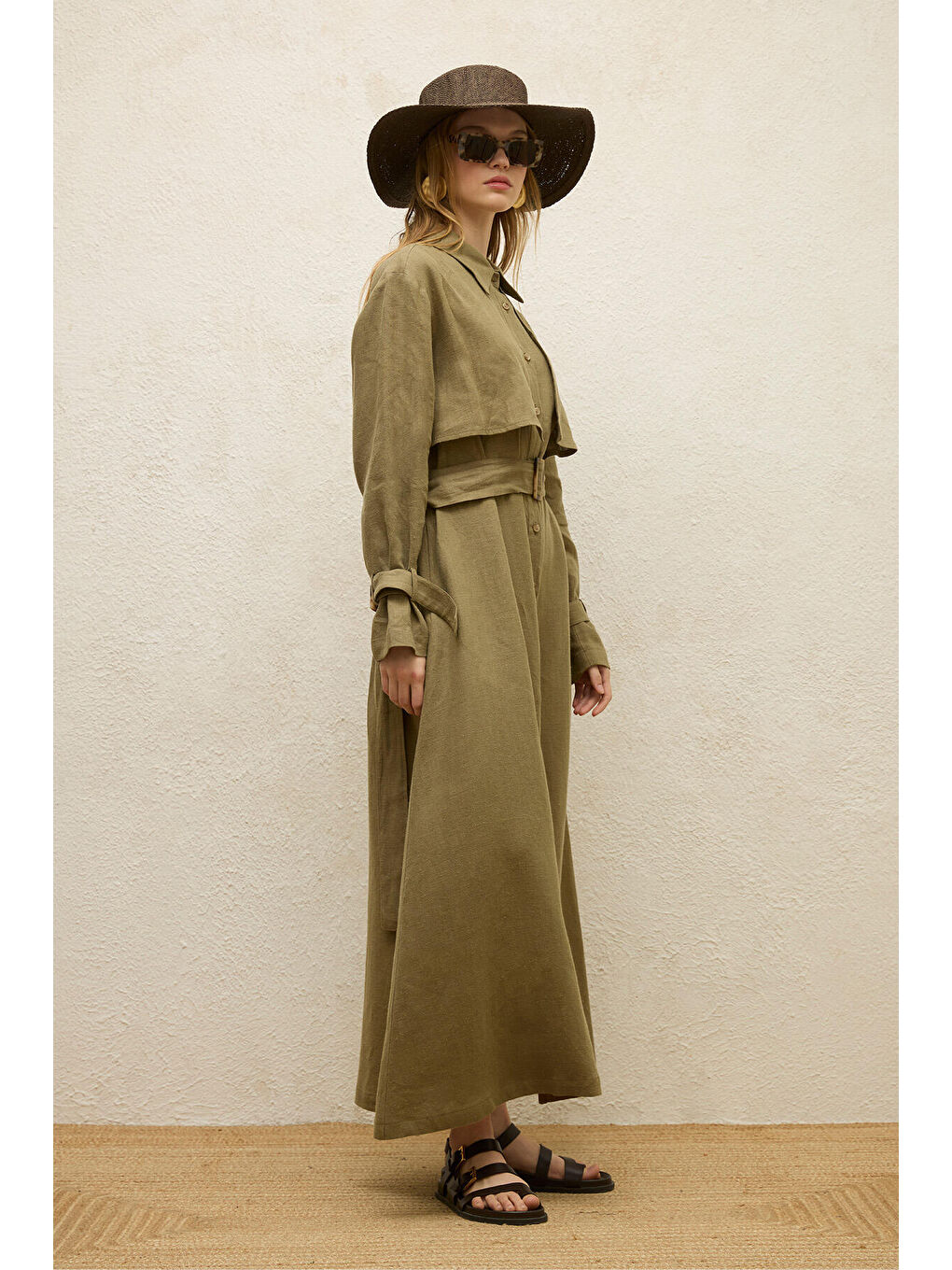 Keten Trenç Tarz Elbise Haki-2