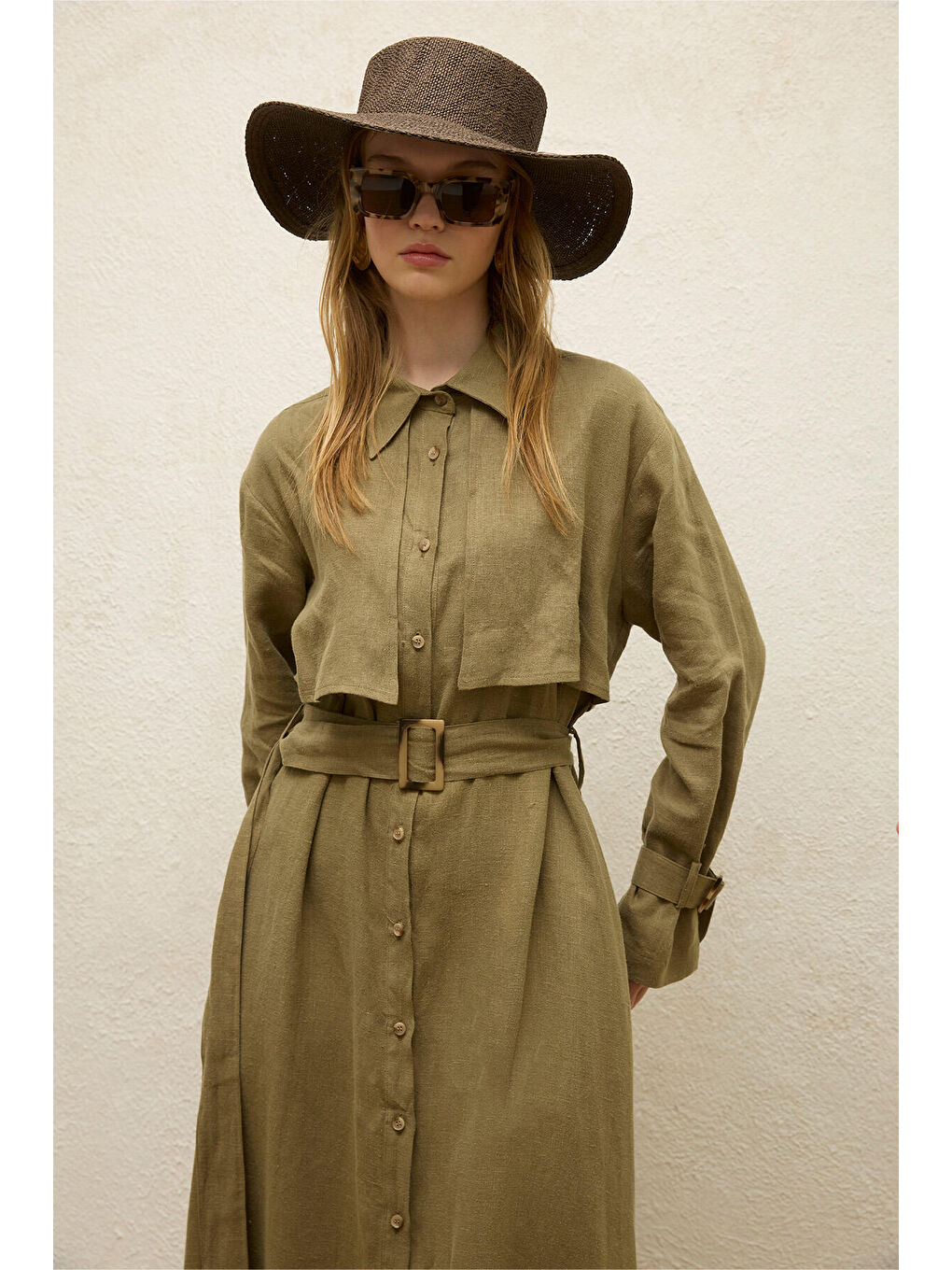 Keten Trenç Tarz Elbise Haki-3