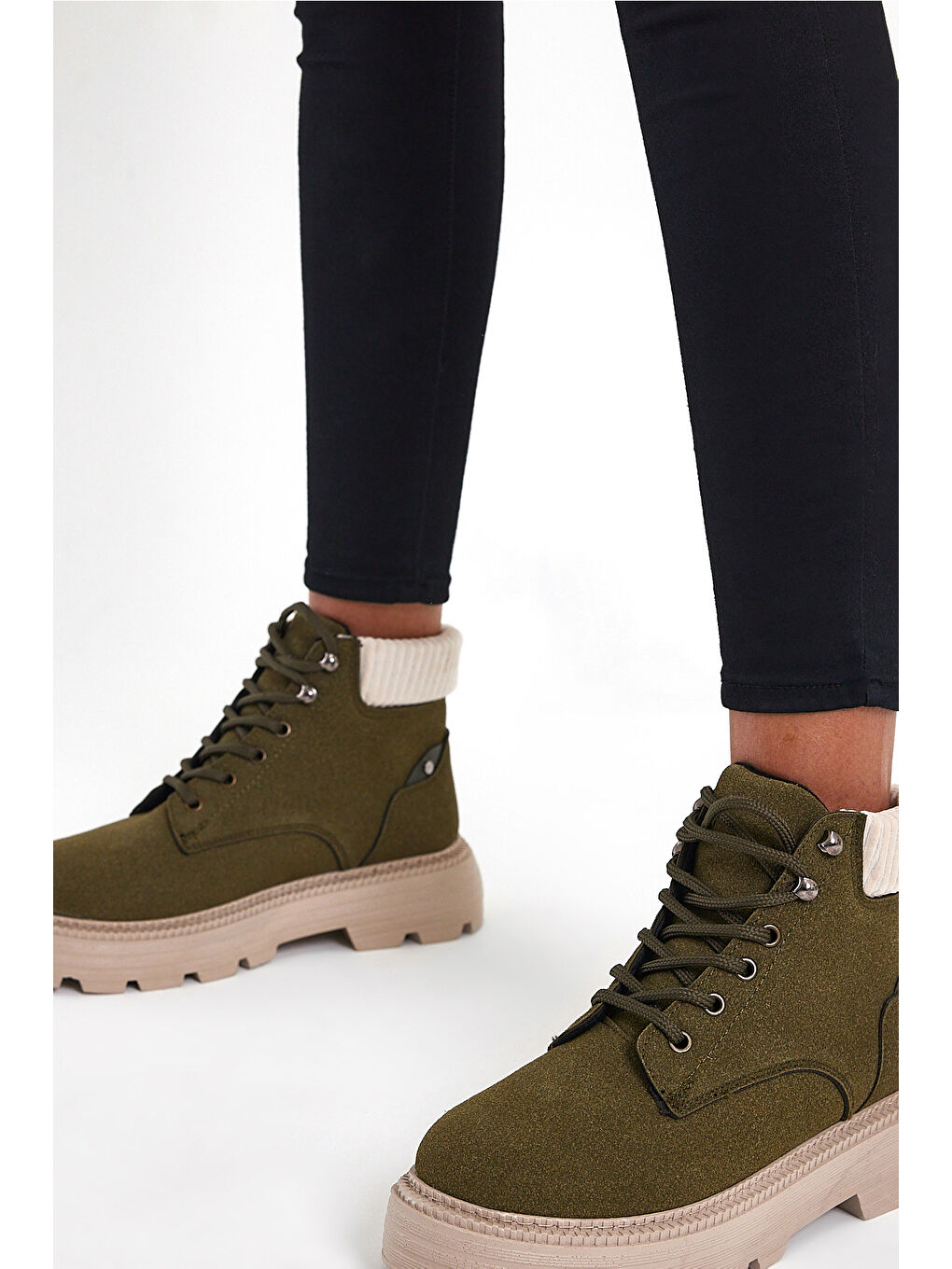 Kadın Haki Süet Kalın Poli Taban Bileği Lastikli Bağcıklı Bot-3