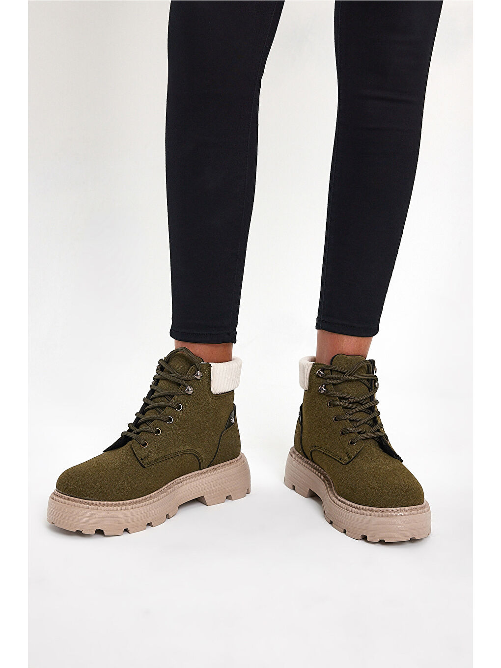 Kadın Haki Süet Kalın Poli Taban Bileği Lastikli Bağcıklı Bot-4