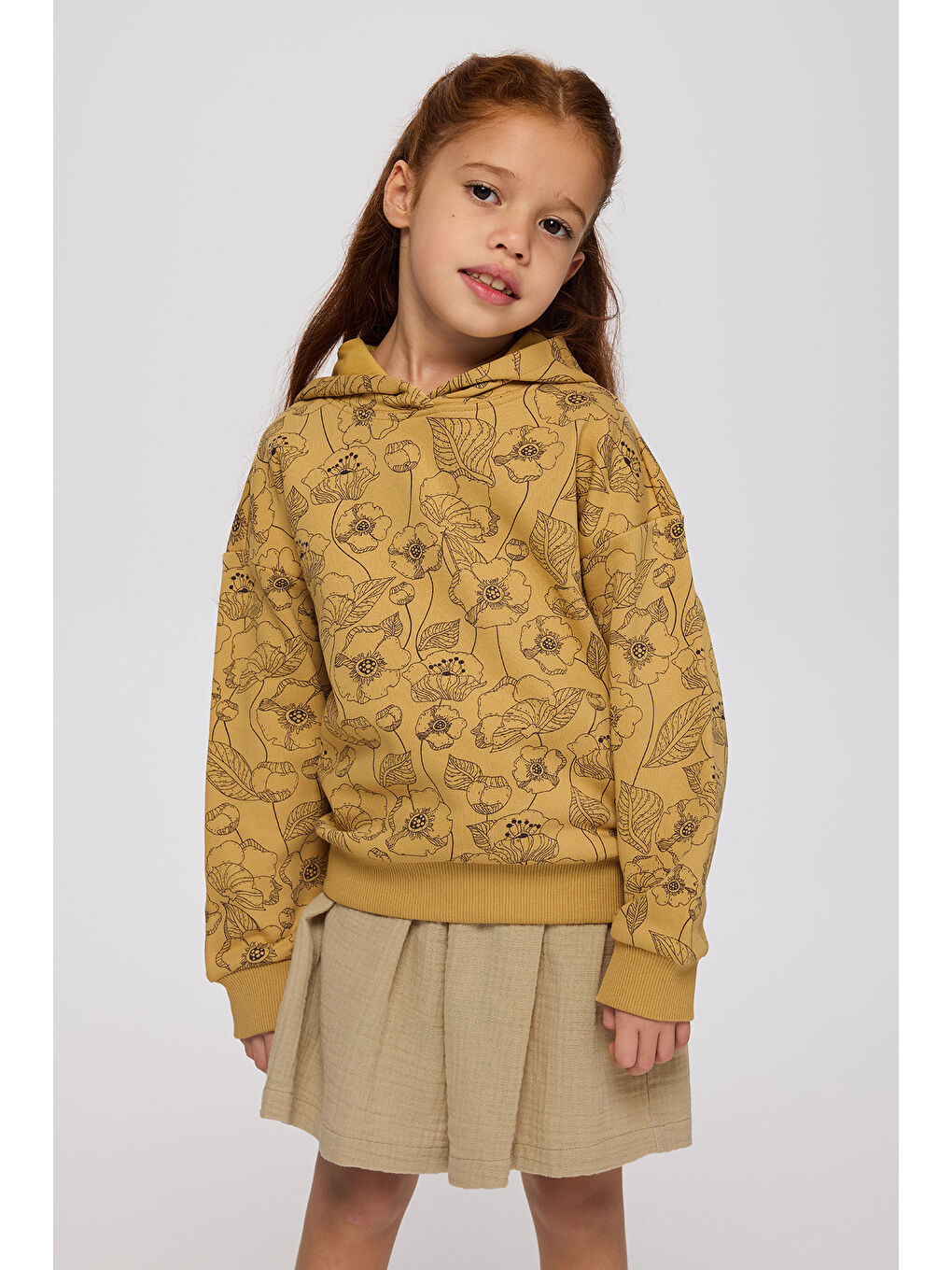 Sarı Kız Çocuk Çiçek Desenli Hardal Sweatshirt-1