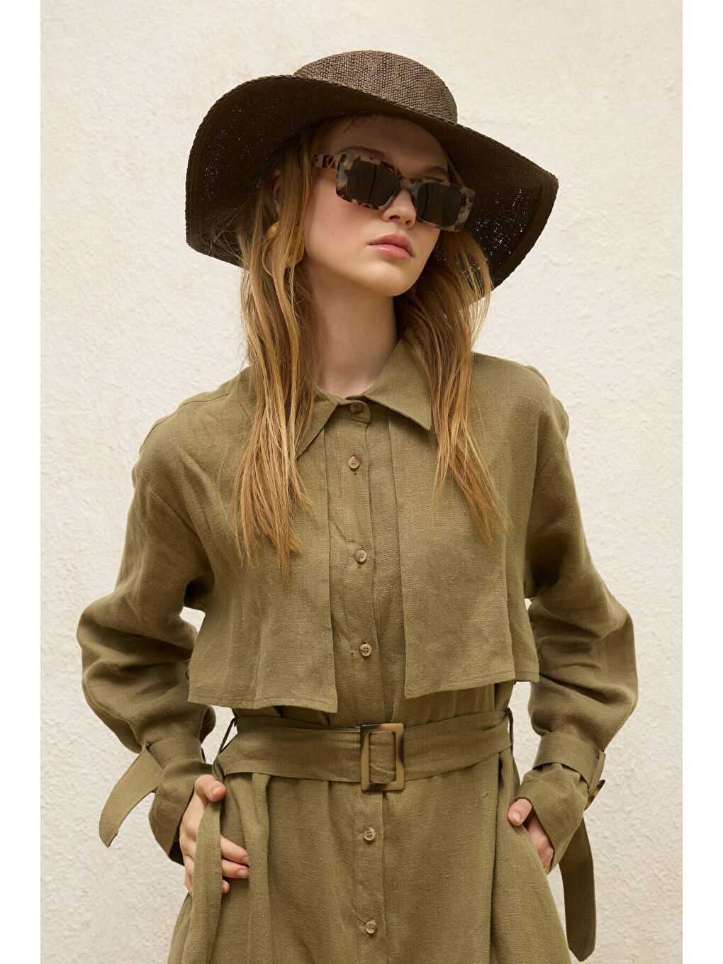 Keten Trenç Tarz Elbise Haki-5