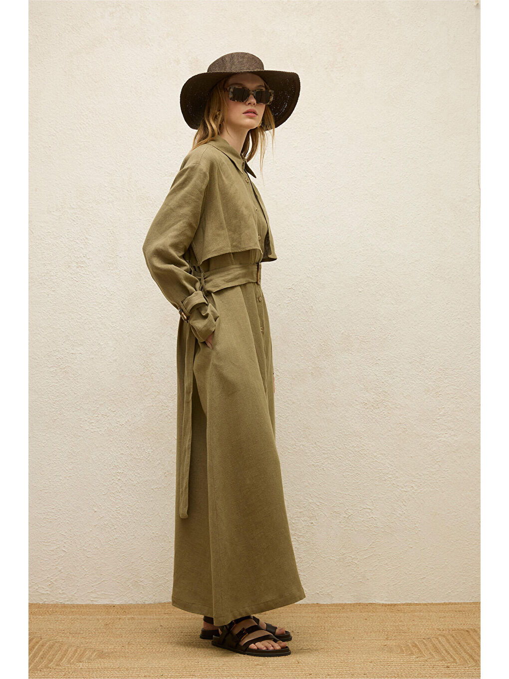 Keten Trenç Tarz Elbise Haki-6