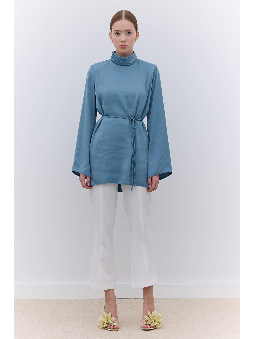 Saten Geniş Kol Tunik Mavi-1