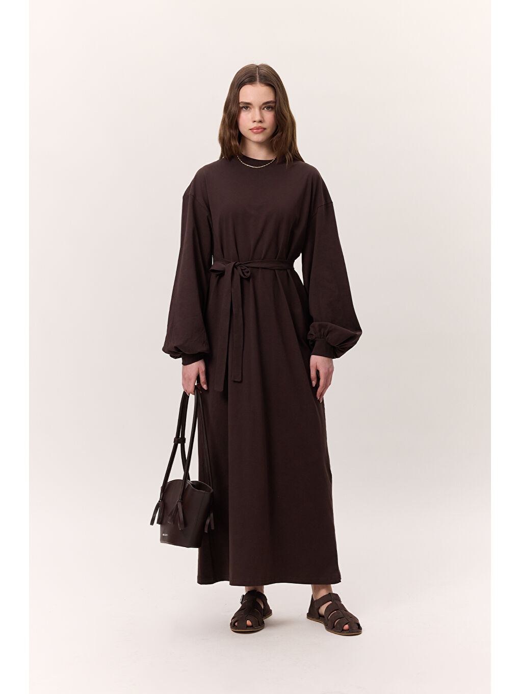 Kahverengi Balon Kollu Uzun Rahat Elbise Acı Kahve