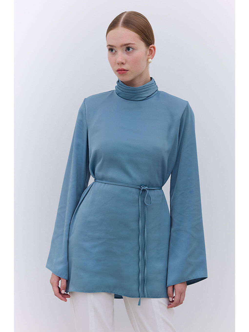Saten Geniş Kol Tunik Mavi-2
