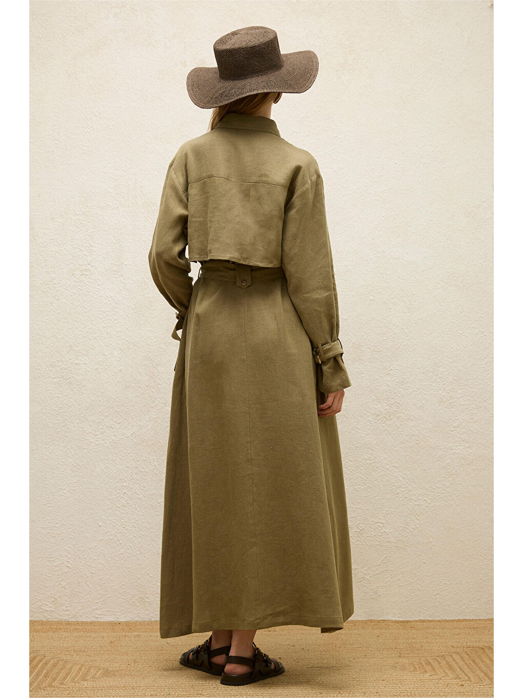 Keten Trenç Tarz Elbise Haki-7