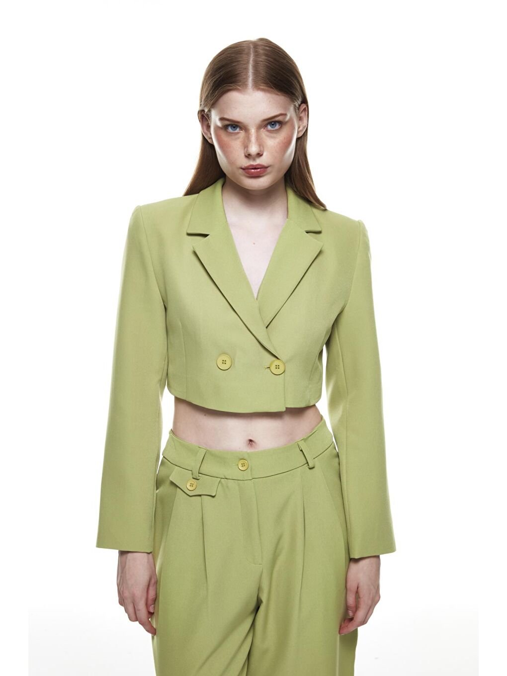 QUZU Zeytin Yeşili Kruvaze Crop Blazer Ceket Olive