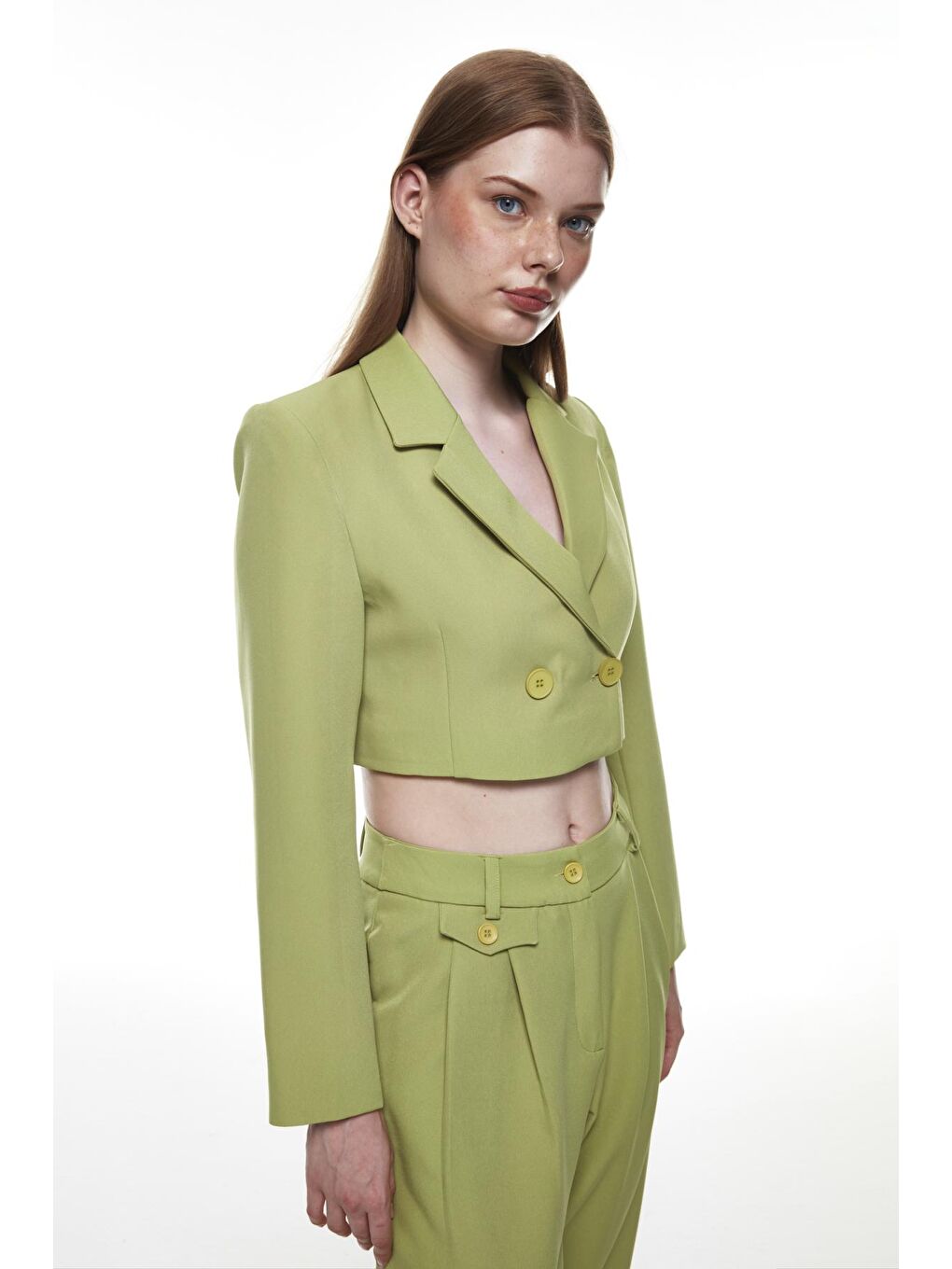 QUZU Zeytin Yeşili Kruvaze Crop Blazer Ceket Olive - 2