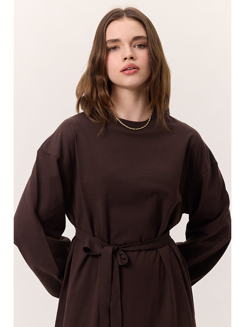 Kahverengi Balon Kollu Uzun Rahat Elbise Acı Kahve-2