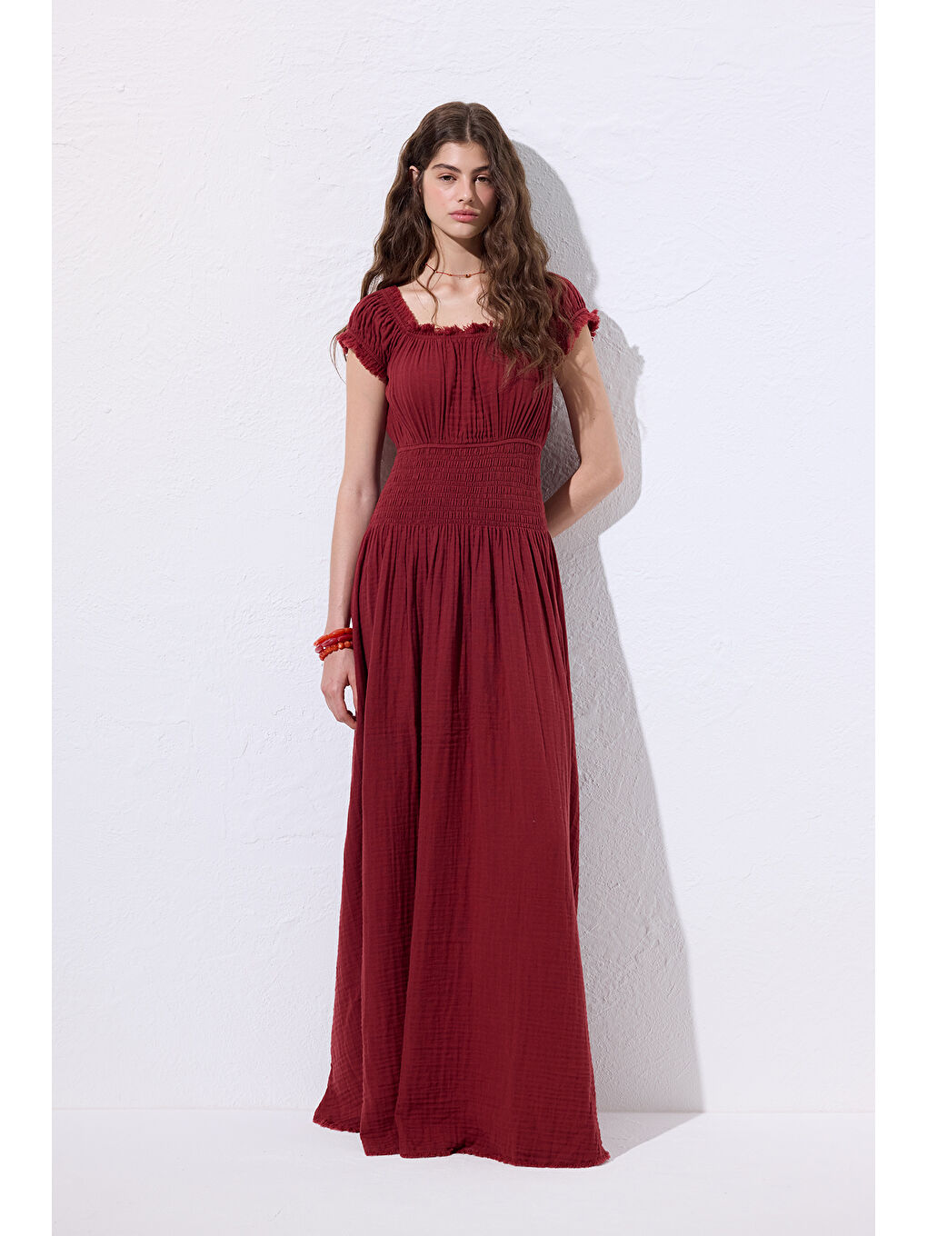 Müslin Büzgülü Elbise Kırmızı-1