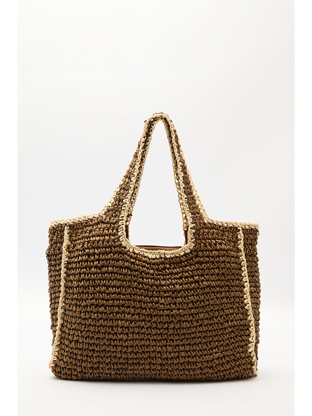 Kontrast Detaylı Hasır Çanta Kahverengi-3