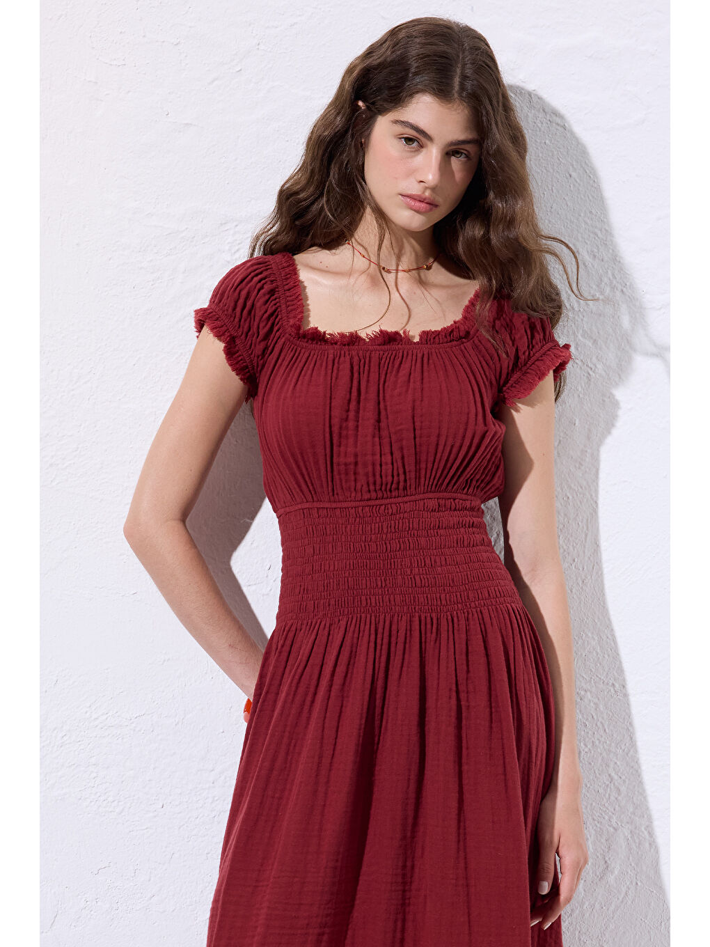 Müslin Büzgülü Elbise Kırmızı-2