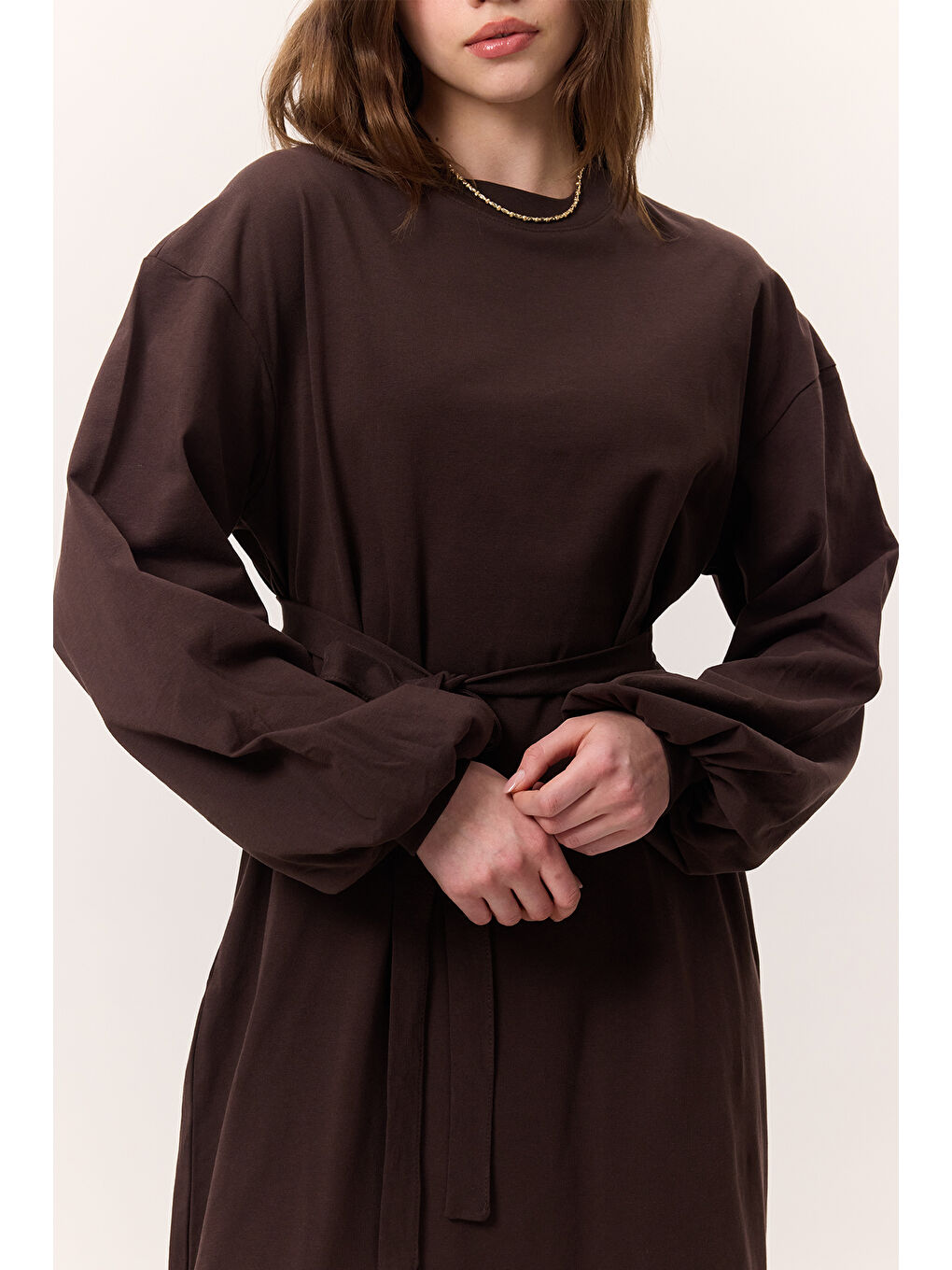 Kahverengi Balon Kollu Uzun Rahat Elbise Acı Kahve-4