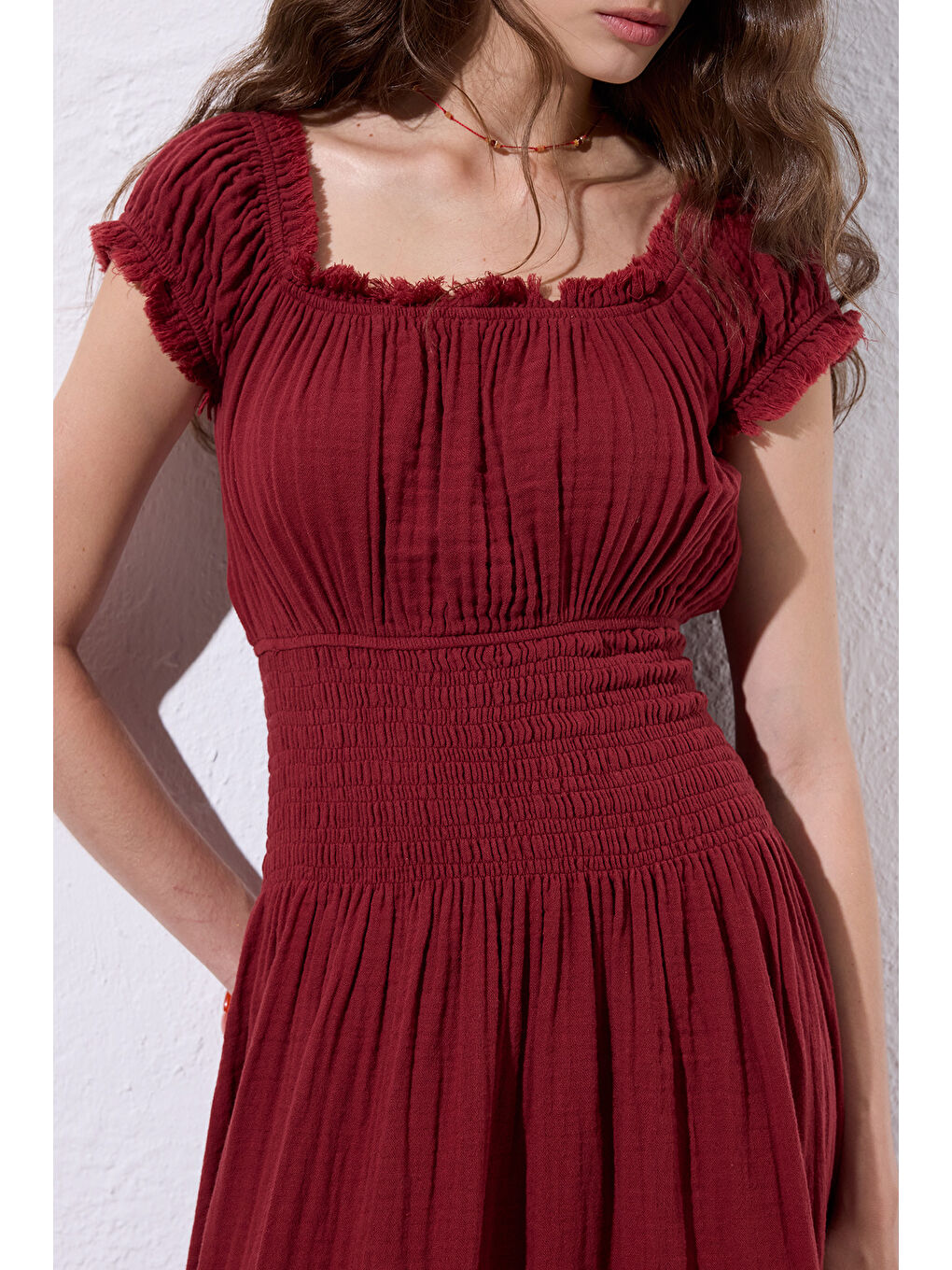Müslin Büzgülü Elbise Kırmızı-3