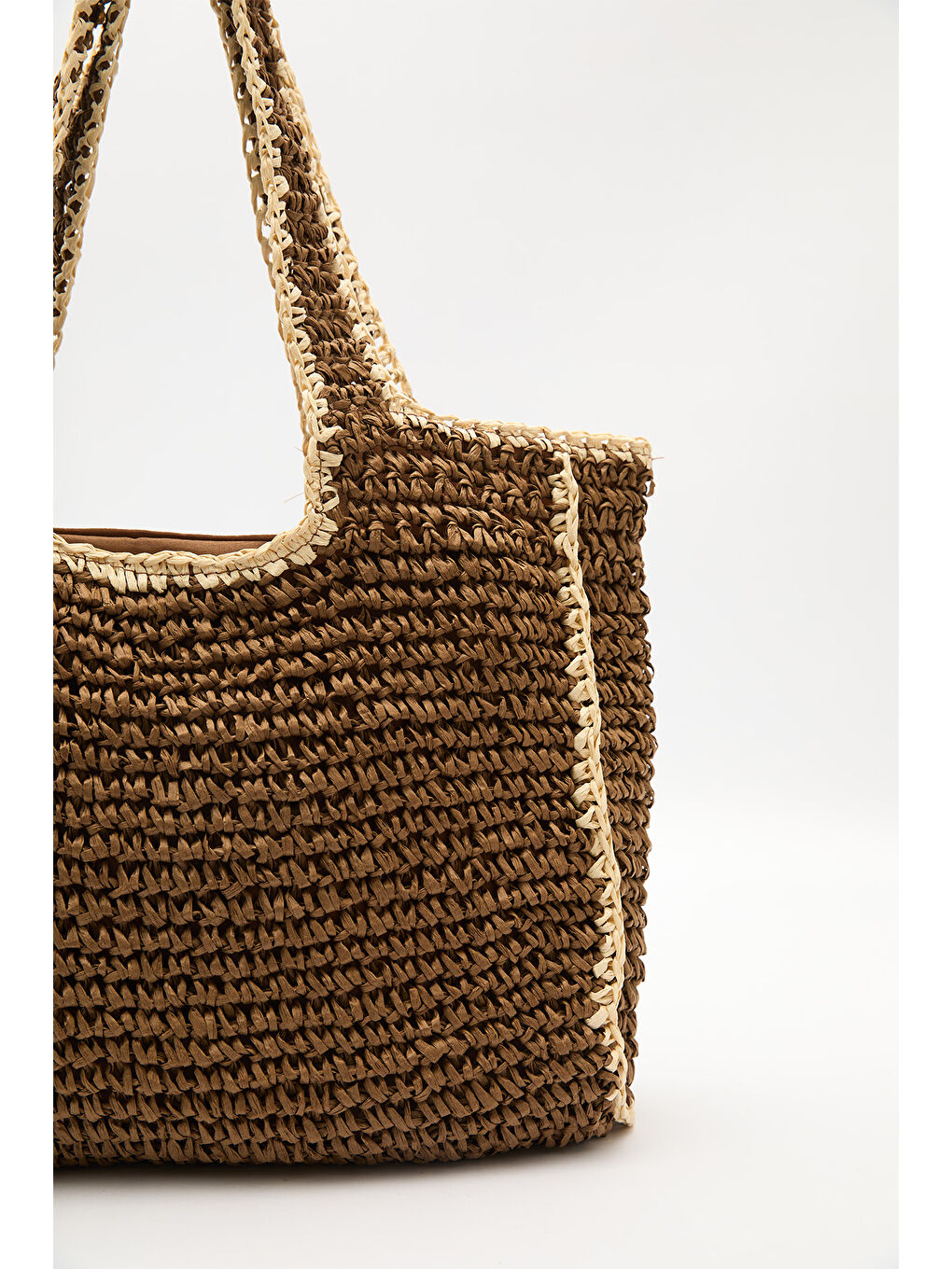 Kontrast Detaylı Hasır Çanta Kahverengi-4