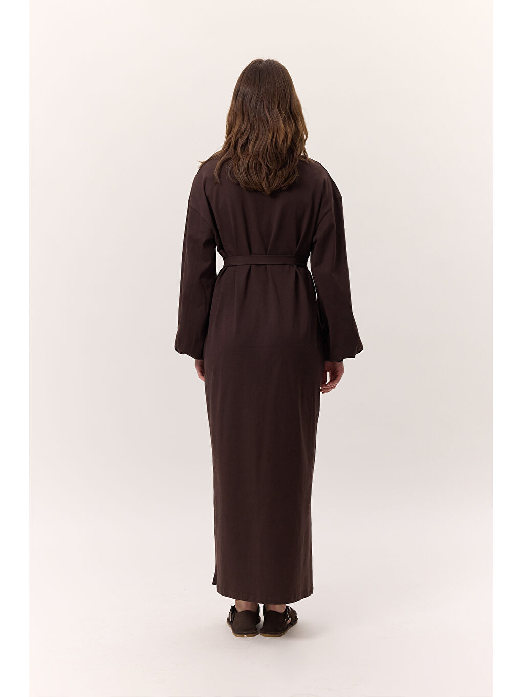 Kahverengi Balon Kollu Uzun Rahat Elbise Acı Kahve-5