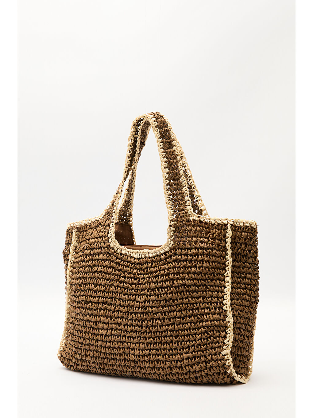 Kontrast Detaylı Hasır Çanta Kahverengi-5