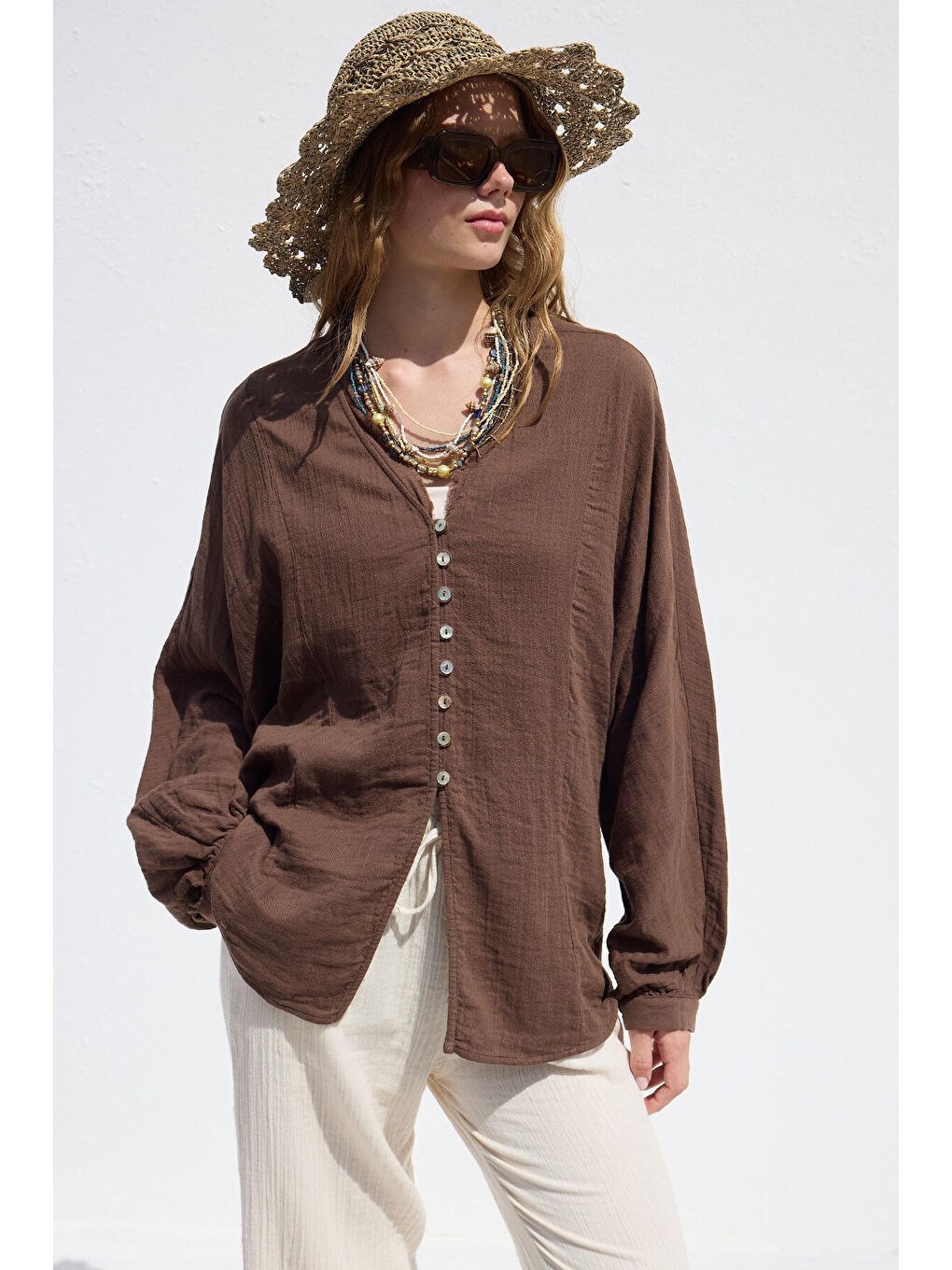 Muslin Düğmeli Gömlek Kahverengi-1